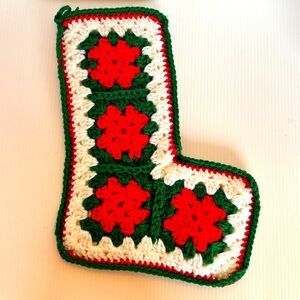 Vintage Crochet Granny Square Christmas Holiday Stocking White Red Green